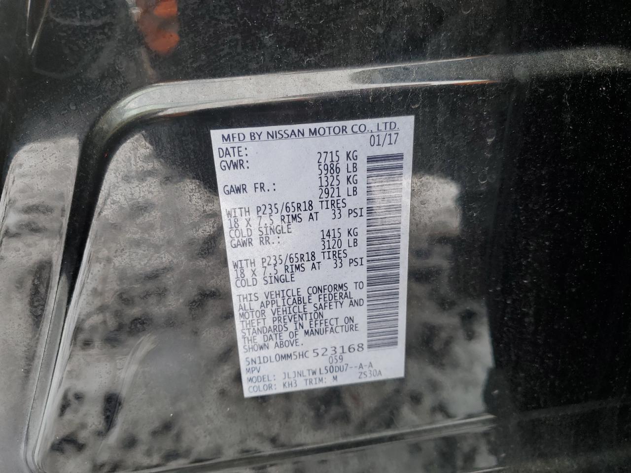 2017 Infiniti QX60 VIN 5N1DL0MM5HC523168 Copart auction photo, front end / side damage thumbnail 13