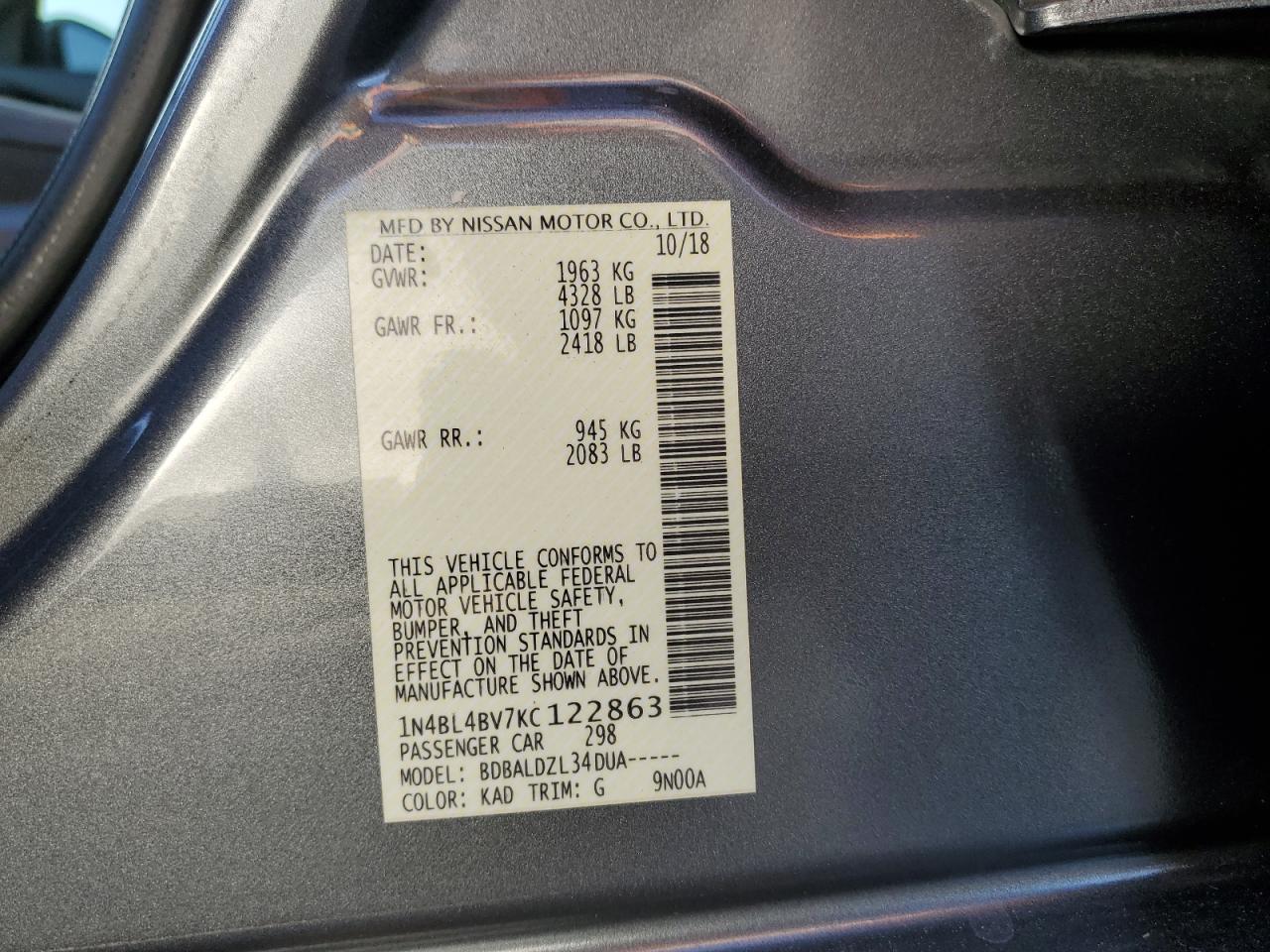 2019 Nissan Altima VIN 1N4BL4BV7KC122863 Copart auction photo, side damage thumbnail 12