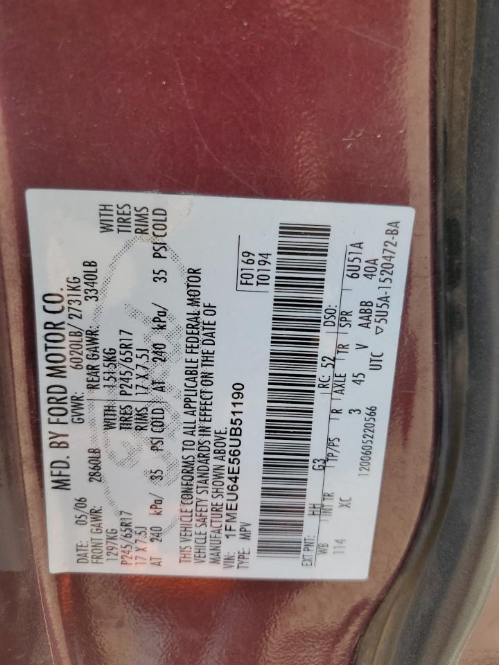 2006 Ford Explorer VIN 1FMEU64E56UB51190 Copart auction photo, all over / rollover damage thumbnail 15