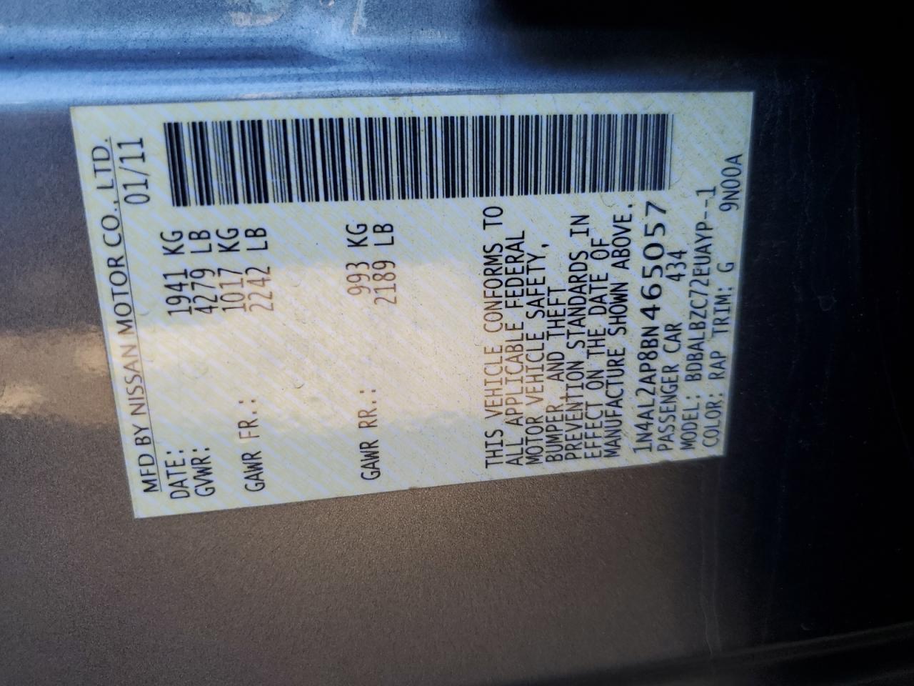 2011 Nissan Altima VIN 1N4AL2AP8BN465057 Copart auction photo, front end damage thumbnail 13