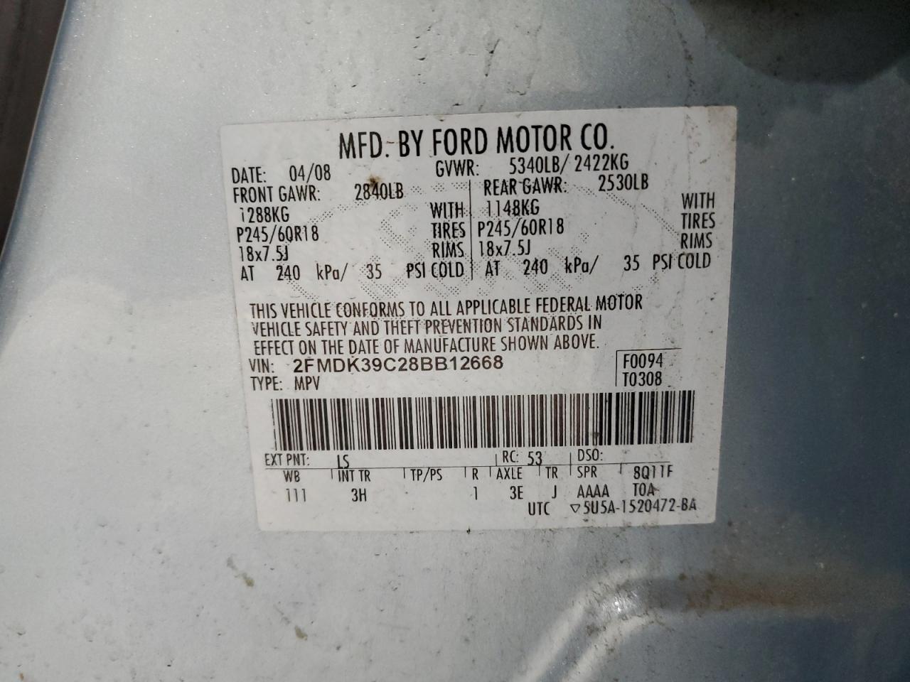 2008 Ford Edge VIN 2FMDK39C28BB12668 Copart auction photo, front end damage thumbnail 13