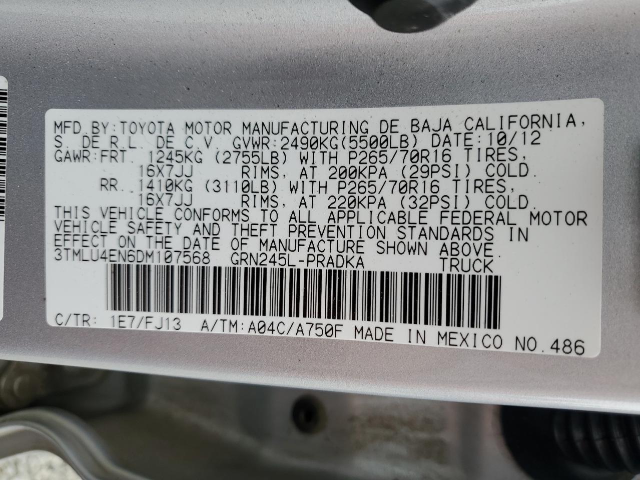 2013 Toyota Tacoma VIN 3TMLU4EN6DM107568 Copart auction photo, rollover damage thumbnail 14