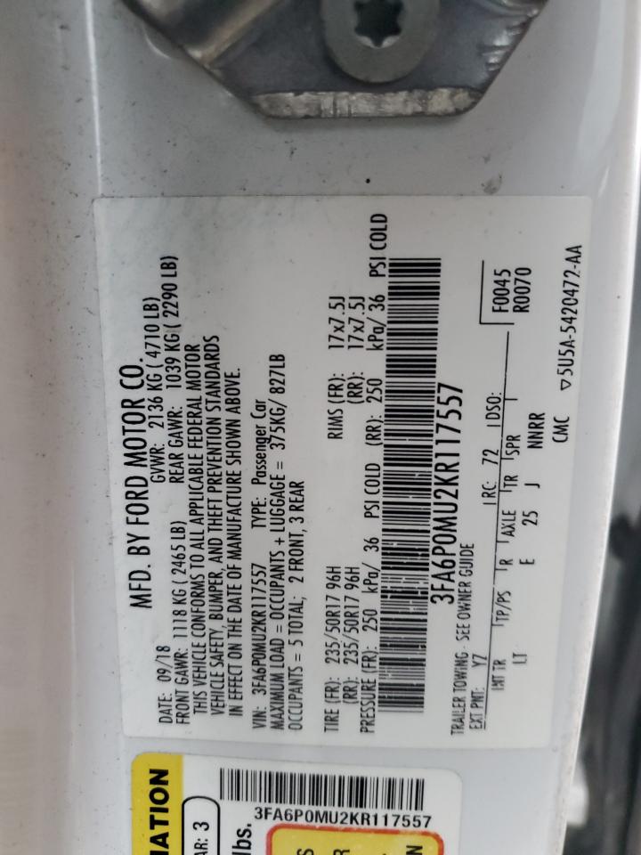 2019 Ford Fusion VIN 3FA6P0MU2KR117557 Copart auction photo, all over damage thumbnail 13