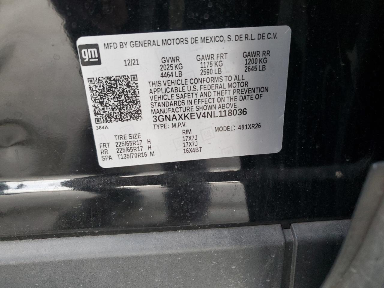 2022 Chevrolet Equinox VIN 3GNAXKEV4NL118036 Copart auction photo, rear end damage thumbnail 14