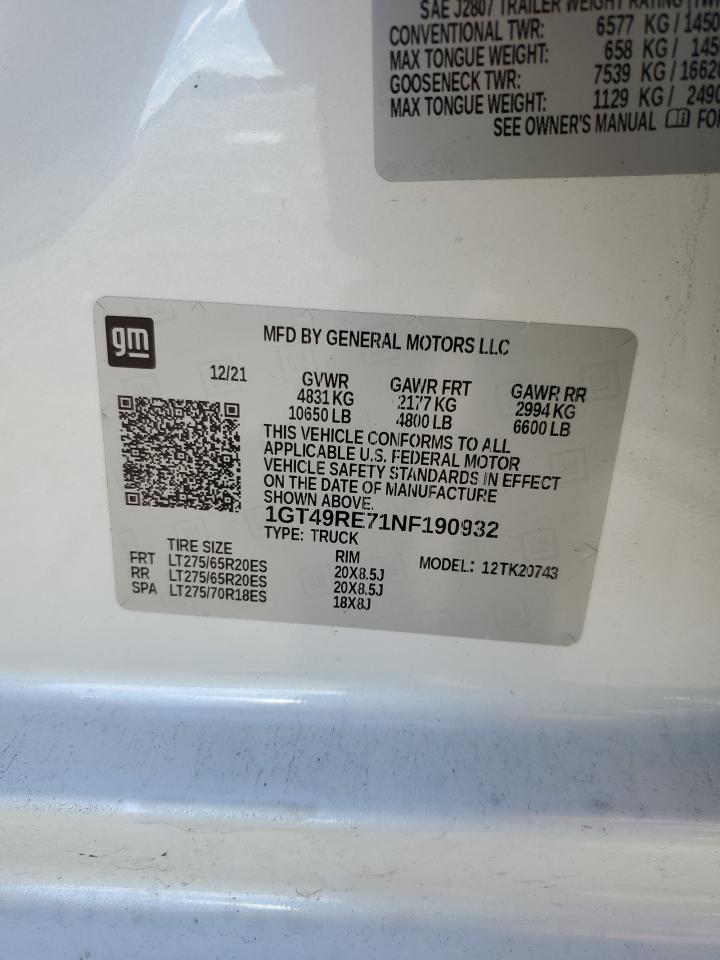 2022 GMC Sierra VIN 1GT49RE71NF190932 Copart auction photo, all over damage thumbnail 12