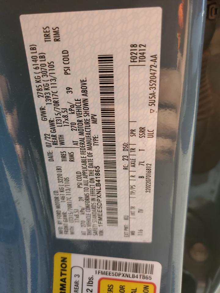 2022 Ford Bronco VIN 1FMEE5DPXNLB41865 Copart auction photo, side damage thumbnail 12