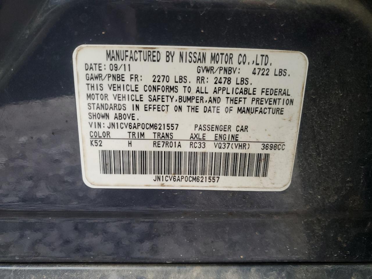 2012 Infiniti G VIN JN1CV6AP0CM621557 Copart auction photo, biohazard/chemical / front end damage thumbnail 13