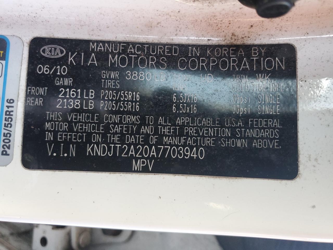 2010 KIA Soul VIN KNDJT2A20A7703940 Copart auction photo, front end / side damage thumbnail 13