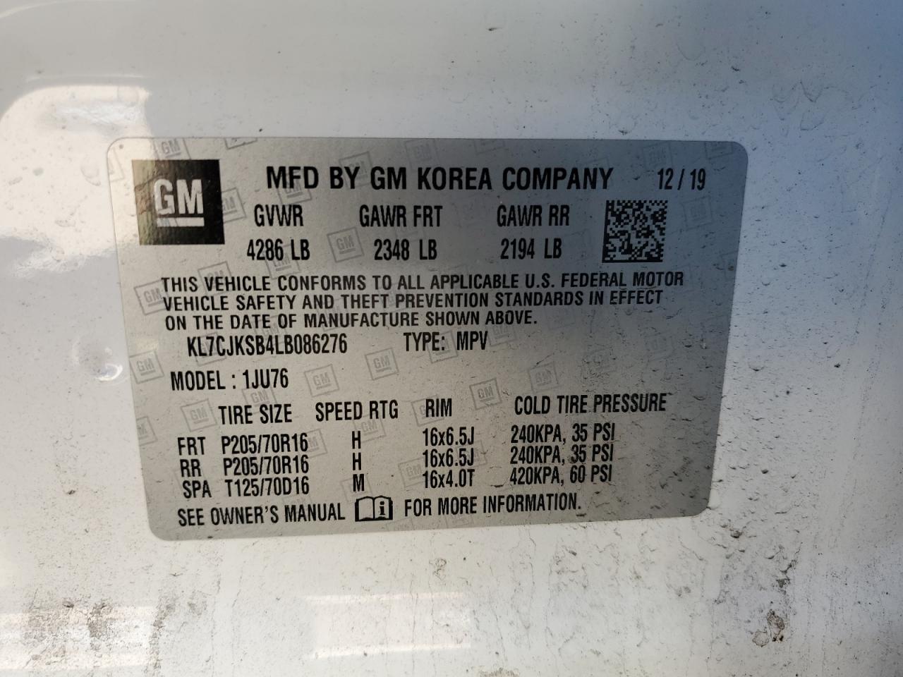 2020 Chevrolet Trax VIN KL7CJKSB4LB086276 Copart auction photo, mechanical / minor dent/scratches damage thumbnail 13