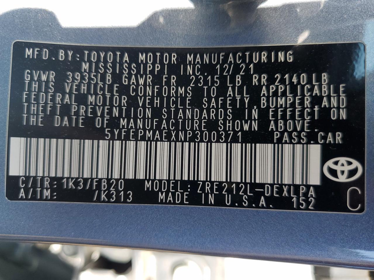 2022 Toyota Corolla VIN 5YFEPMAEXNP300371 Copart auction photo, front end / rear end damage thumbnail 13