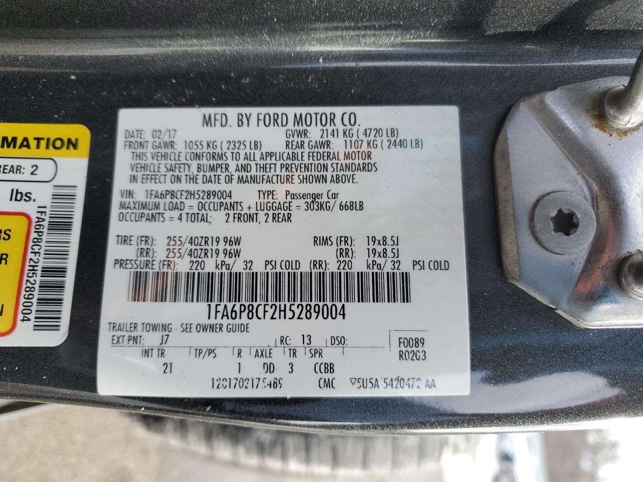2017 Ford Mustang VIN 1FA6P8CF2H5289004 Copart auction photo, side / rear end damage thumbnail 12
