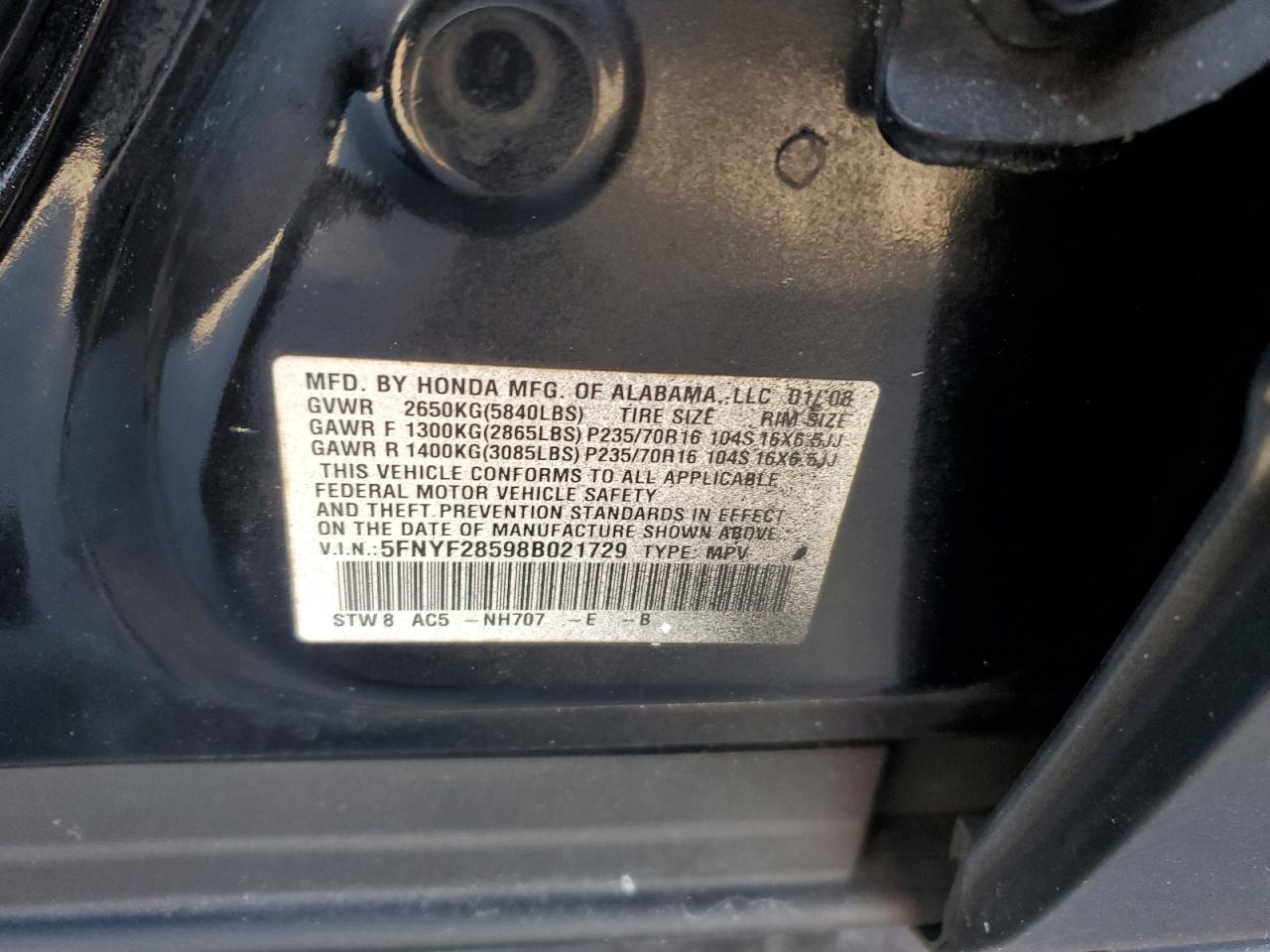 2008 Honda Pilot VIN 5FNYF28598B021729 Copart auction photo, front end damage thumbnail 13