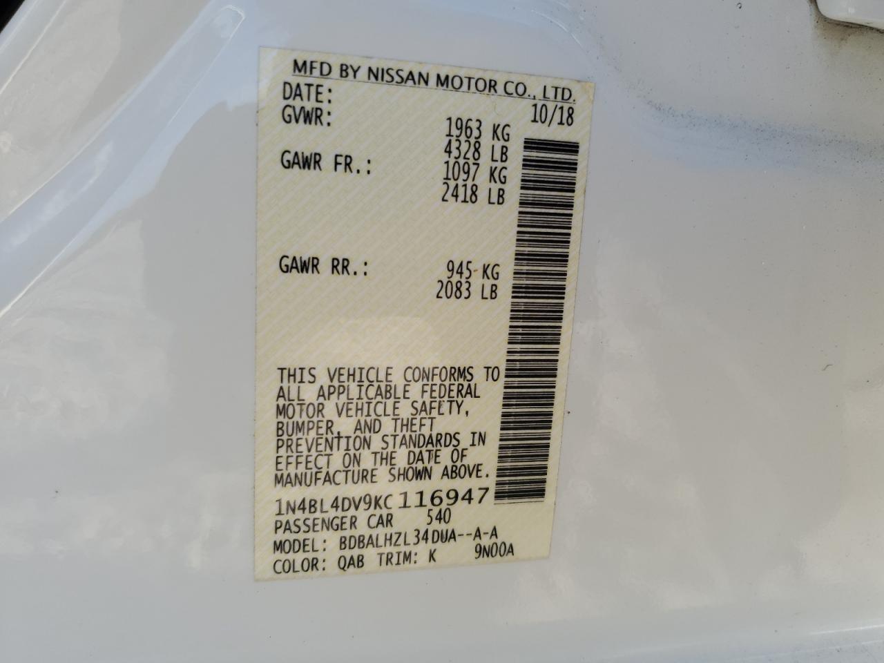 2019 Nissan Altima VIN 1N4BL4DV9KC116947 Copart auction photo, rear end / front end damage thumbnail 14