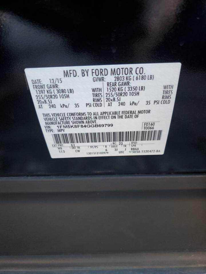 2016 Ford Explorer VIN 1FM5K8F84GGB69799 Copart auction photo, rear end damage thumbnail 15