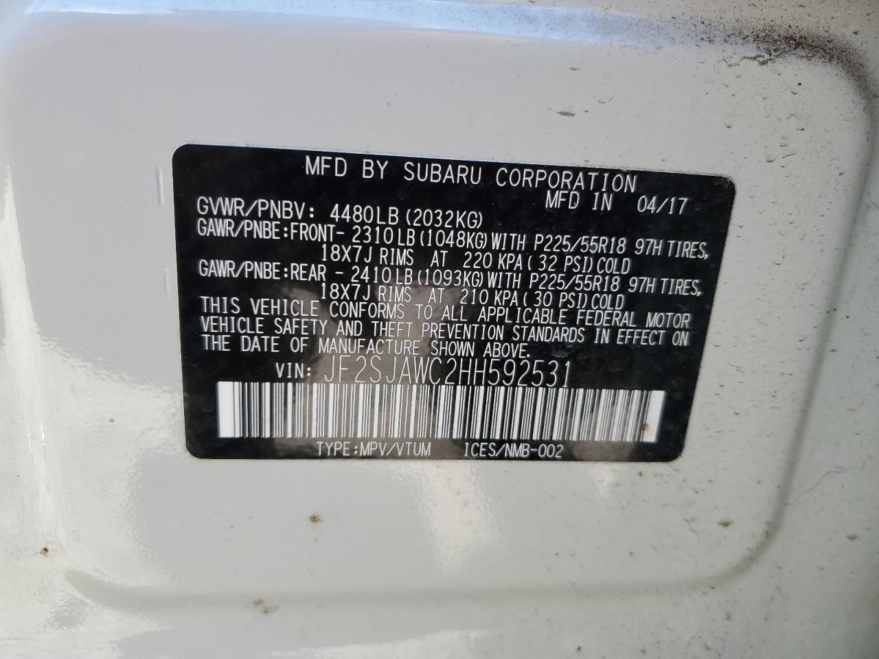 2017 Subaru Forester VIN JF2SJAWC2HH592531 Copart auction photo, front end damage thumbnail 12