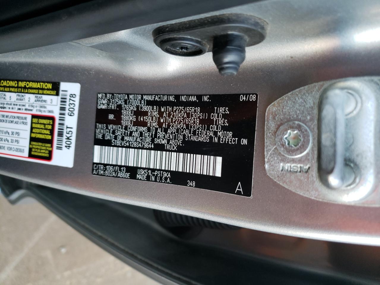 2008 Toyota Tundra VIN 5TBEV54128S479644 Copart auction photo, burn - engine / minor dent/scratches damage thumbnail 12