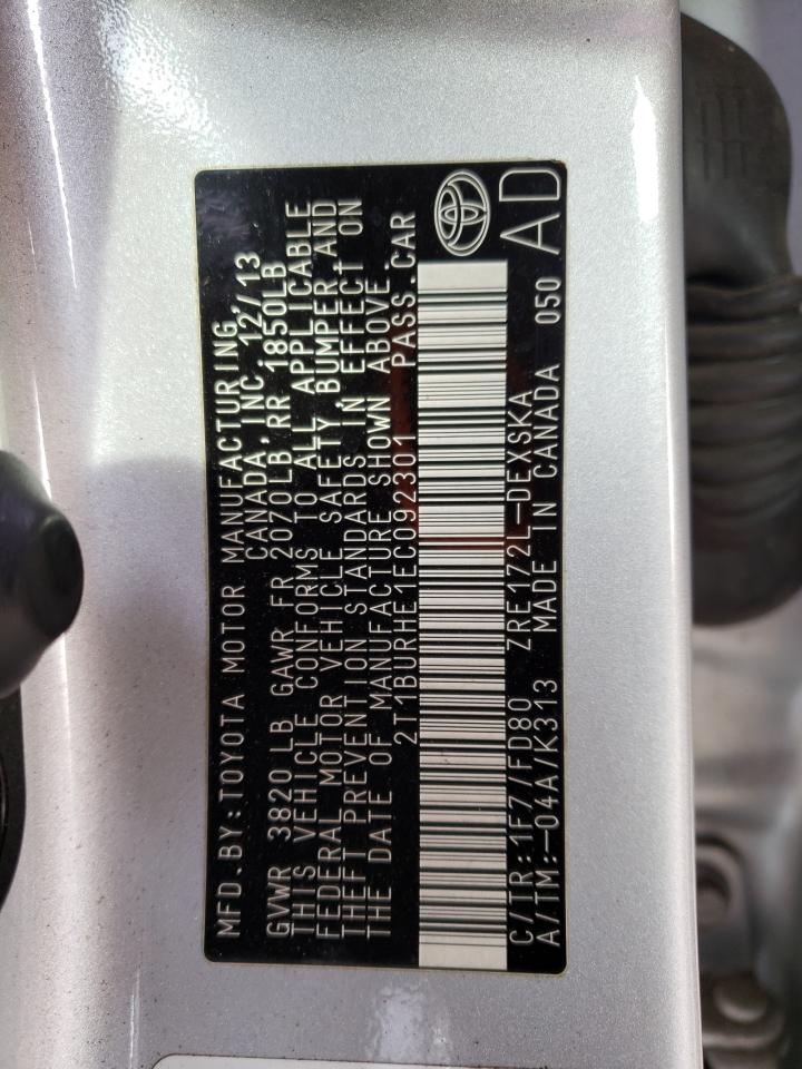 2014 Toyota Corolla VIN 2T1BURHE1EC092301 Copart auction photo, front end damage thumbnail 12