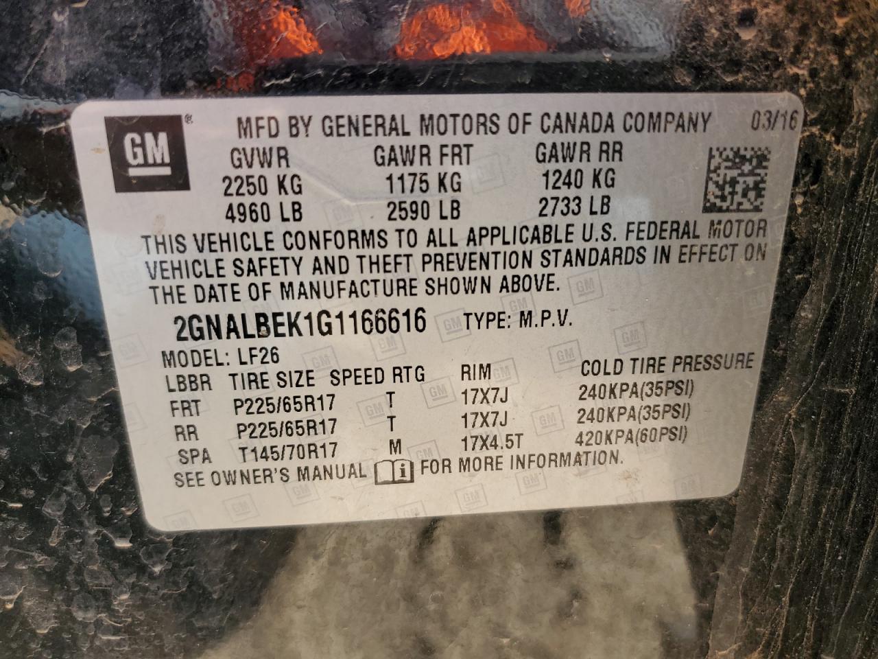 2016 Chevrolet Equinox VIN 2GNALBEK1G1166616 Copart auction photo, front end / rear end damage thumbnail 14