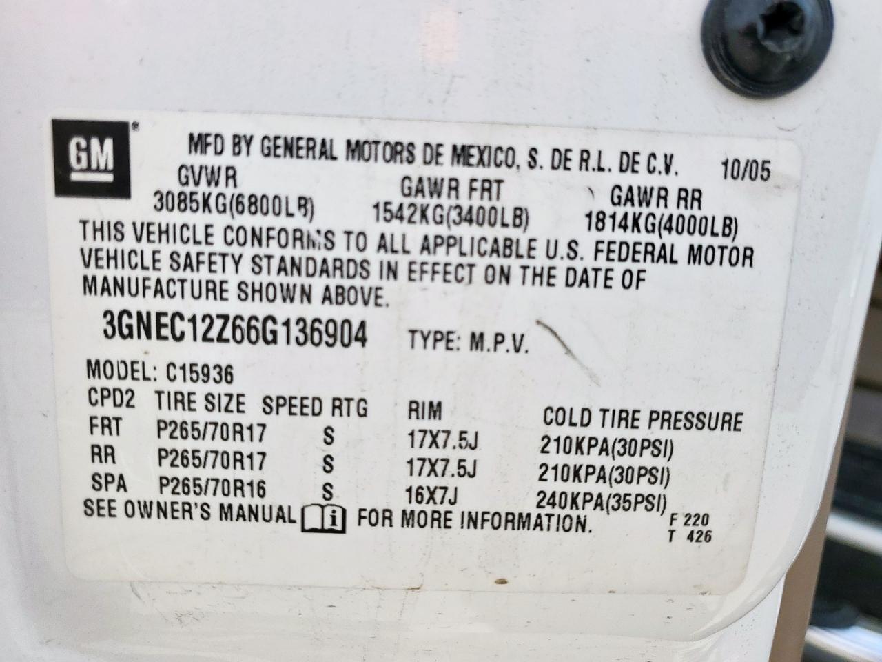 2006 Chevrolet Avalanche VIN 3GNEC12Z66G136904 Copart auction photo, hail / minor dent/scratches damage thumbnail 12