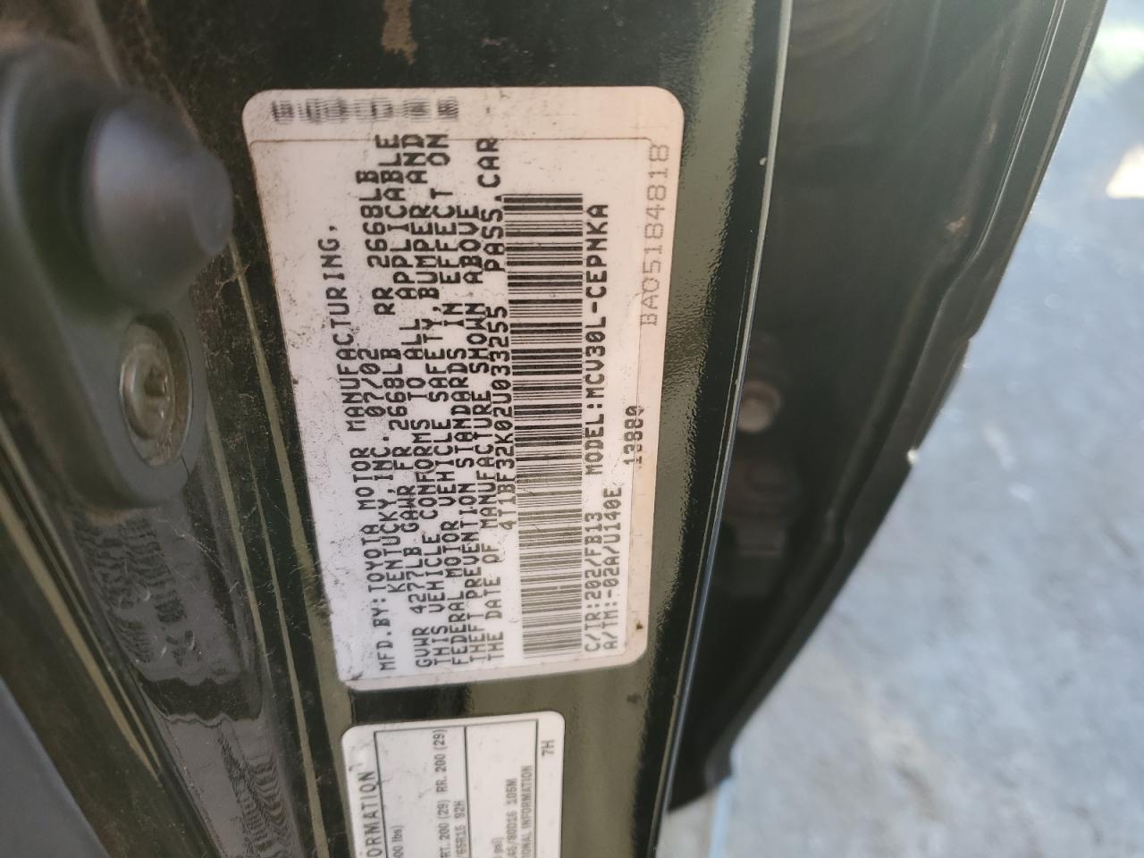 2002 Toyota Camry VIN 4T1BF32K02U033255 Copart auction photo, rollover damage thumbnail 14