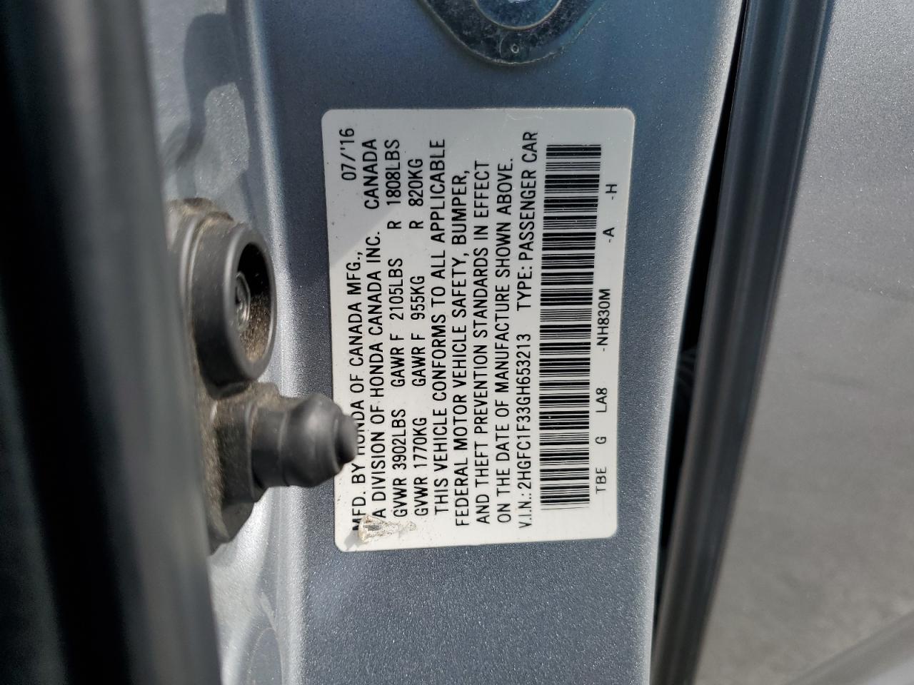 2016 Honda Civic VIN 2HGFC1F33GH653213 Copart auction photo, side damage thumbnail 12