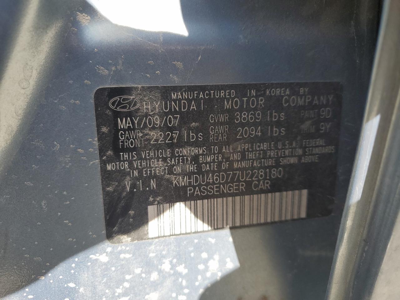 2007 Hyundai Elantra VIN KMHDU46D77U228180 Copart auction photo, front end damage thumbnail 13