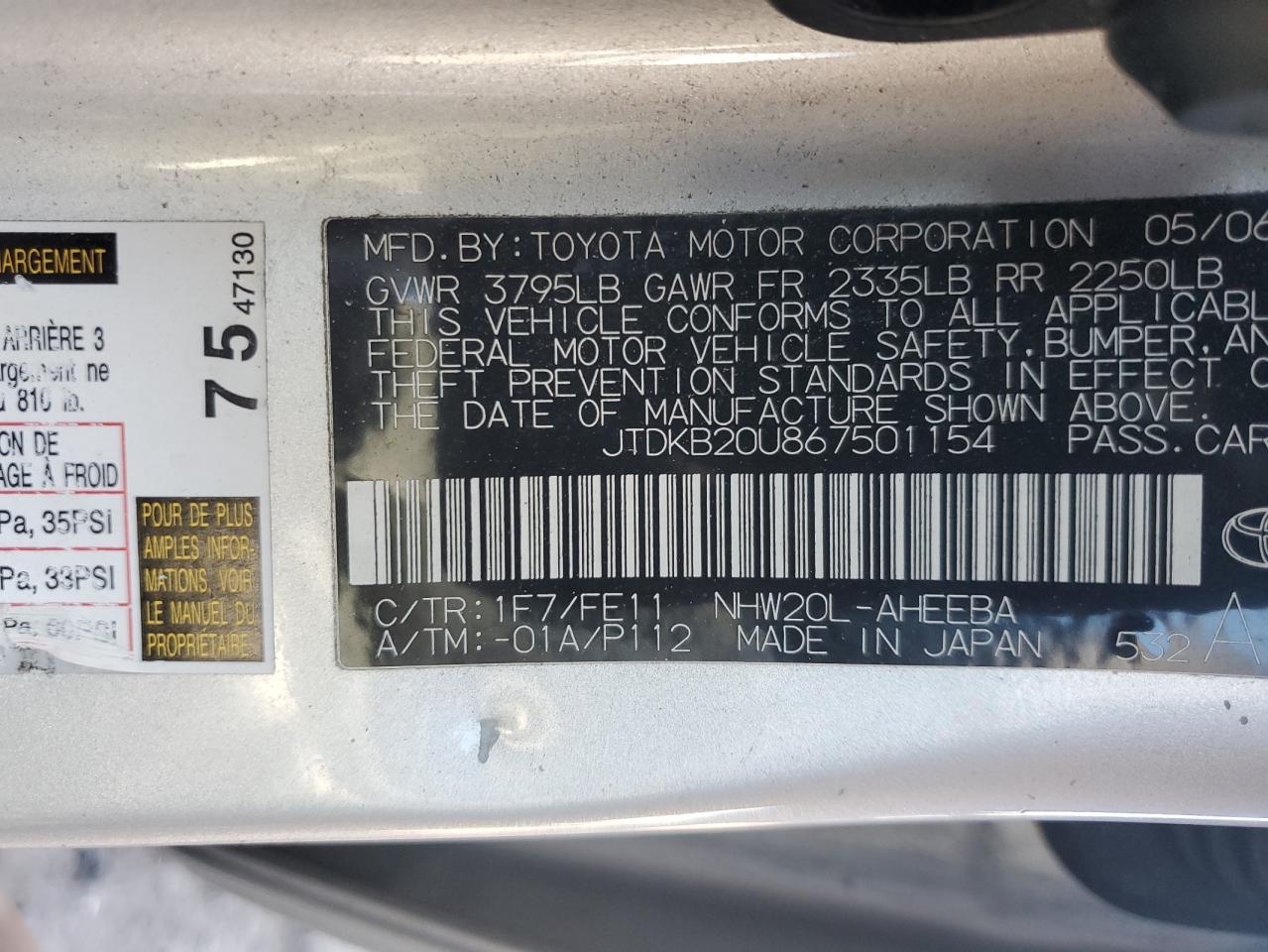 2006 Toyota Prius VIN JTDKB20U867501154 Copart auction photo, front end damage thumbnail 14