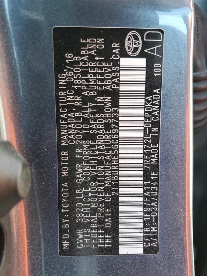 2016 Toyota Corolla VIN 2T1BURHE5GC697733 Copart auction photo, front end / mechanical damage thumbnail 13