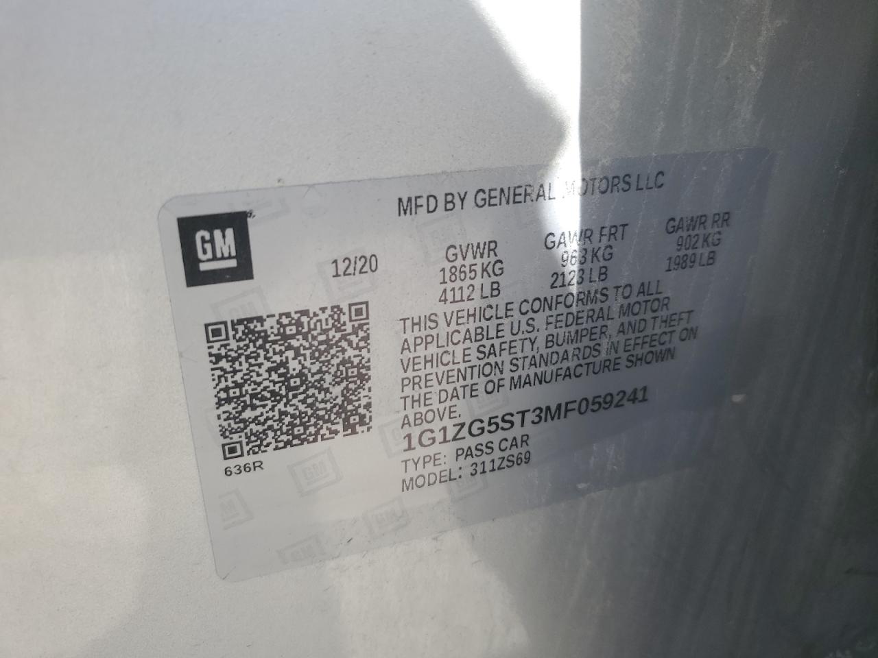 2021 Chevrolet Malibu VIN 1G1ZG5ST3MF059241 Copart auction photo, side / undercarriage damage thumbnail 14