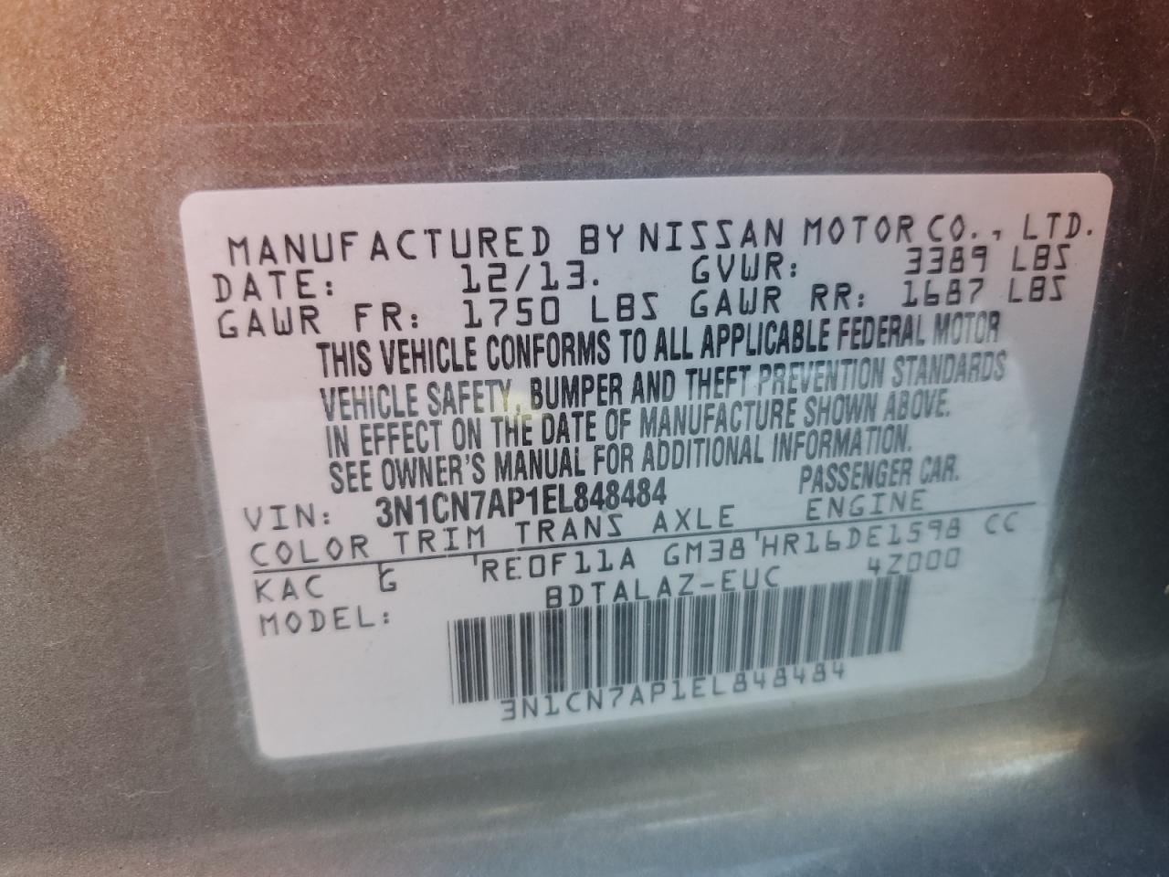2014 Nissan Versa VIN 3N1CN7AP1EL848484 Copart auction photo, rear end damage thumbnail 12
