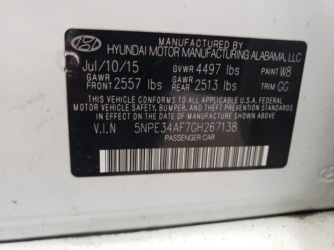 2016 Hyundai Sonata VIN 5NPE34AF7GH267138 Copart auction photo, mechanical damage thumbnail 12