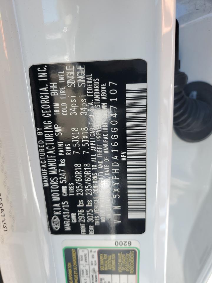 2016 KIA Sorento VIN 5XYPHDA16GG047107 Copart auction photo, front end / rear end damage thumbnail 13