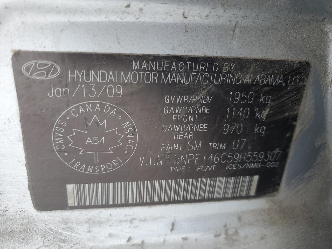 2009 Hyundai Sonata VIN 5NPET46C59H559307 Copart auction photo, front end / side damage thumbnail 12