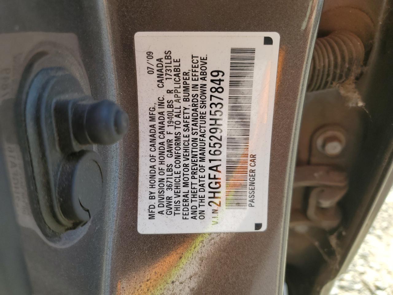 2009 Honda Civic VIN 2HGFA16529H537849 Copart auction photo, all over damage thumbnail 12