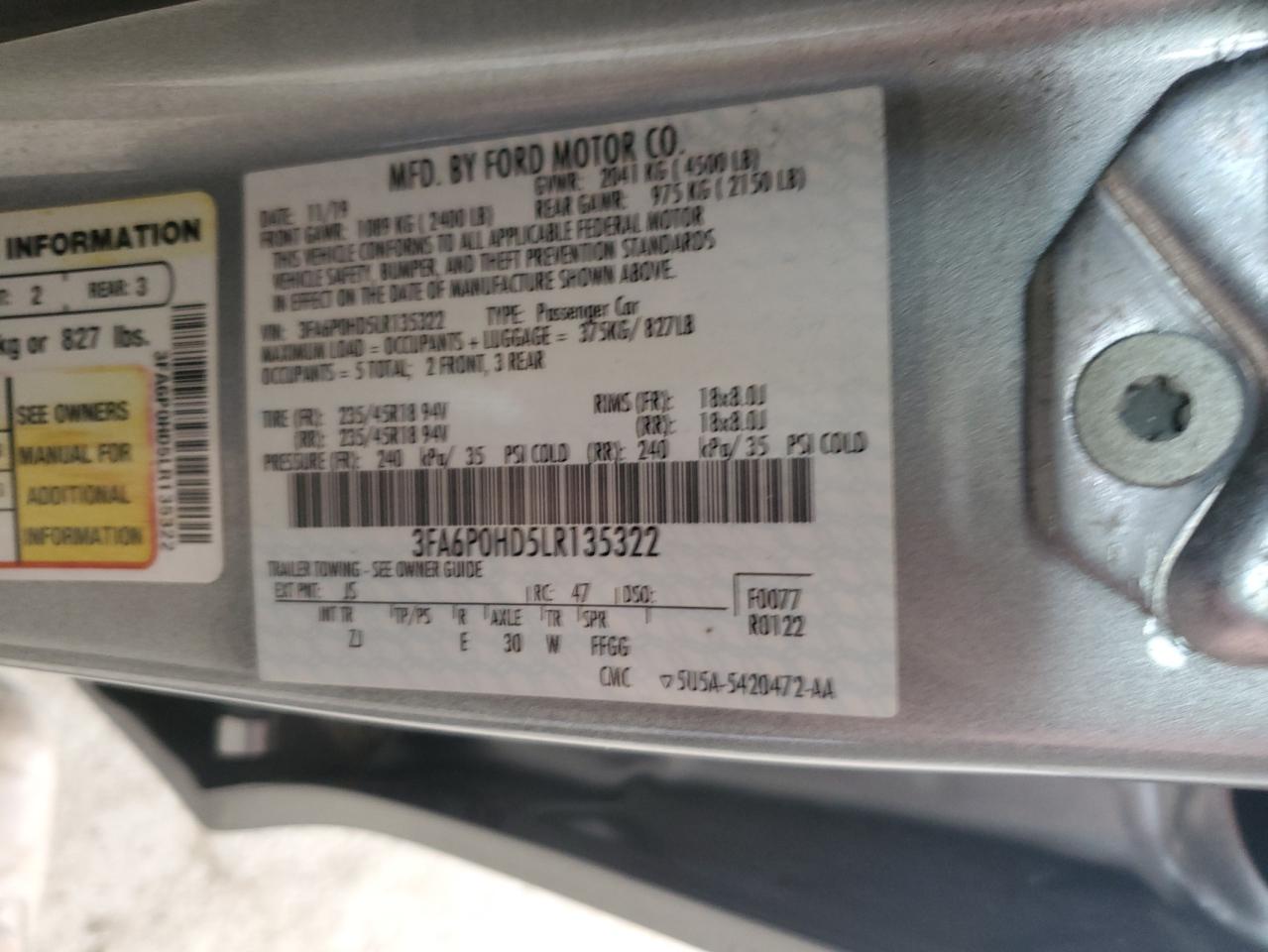 2020 Ford Fusion VIN 3FA6P0HD5LR135322 Copart auction photo, front end / side damage thumbnail 12