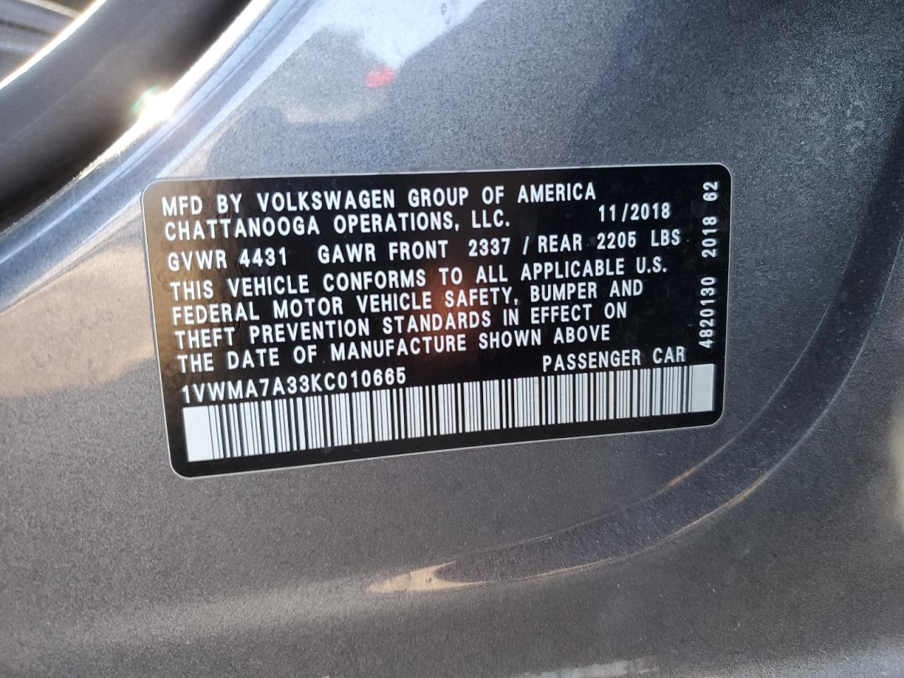 2019 Volkswagen Passat VIN 1VWMA7A33KC010665 Copart auction photo, front end / side damage thumbnail 14