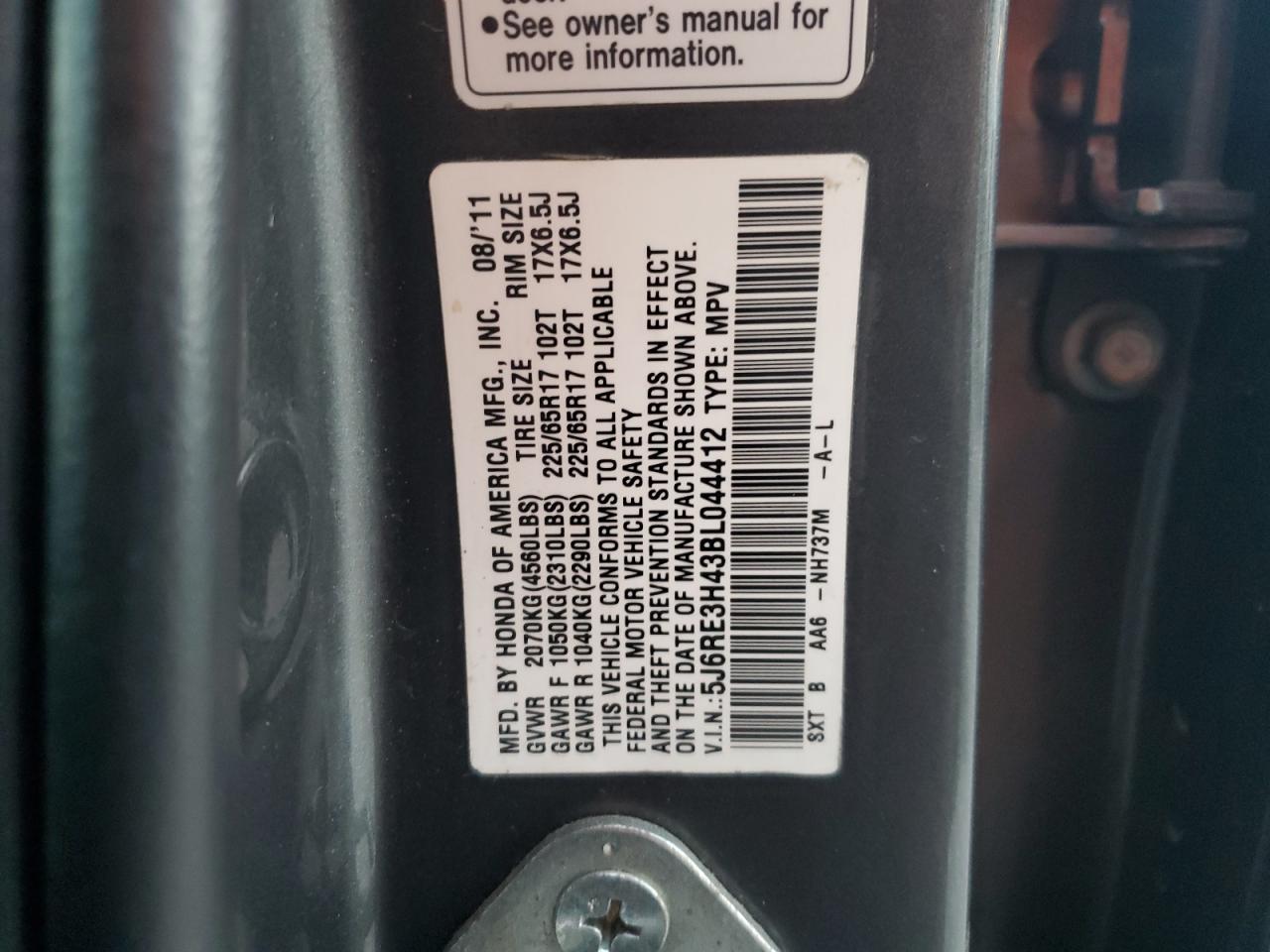2011 Honda CR-V VIN 5J6RE3H43BL044412 Copart auction photo, front end damage thumbnail 15