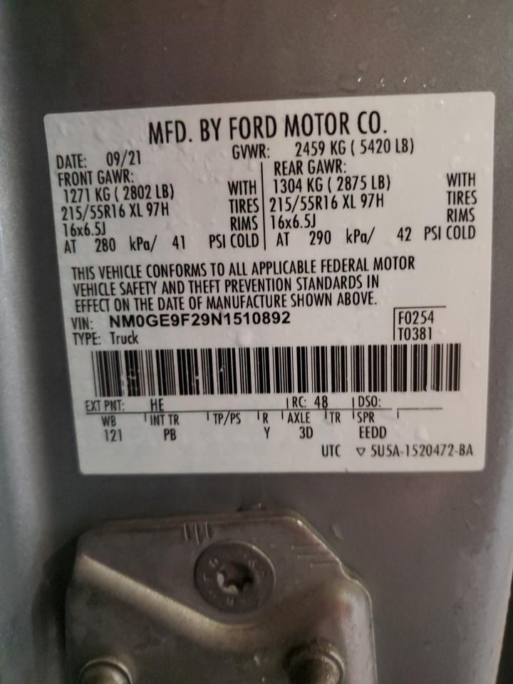 2022 Ford Transit VIN NM0GE9F29N1510892 Copart auction photo, rear end / side damage thumbnail 14