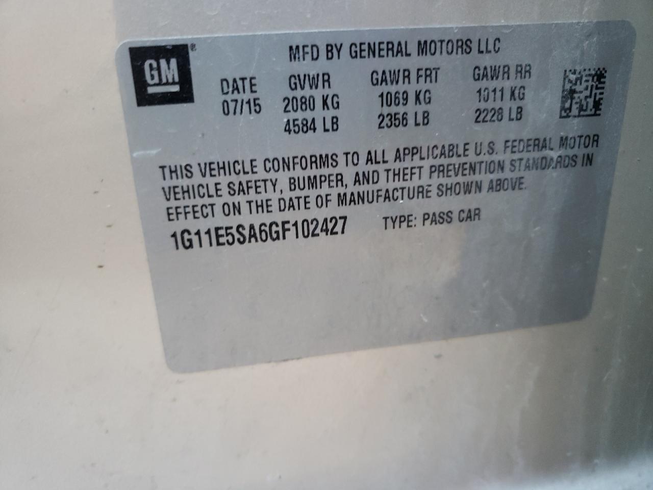 2016 Chevrolet Malibu VIN 1G11E5SA6GF102427 Copart auction photo, side / front end damage thumbnail 12