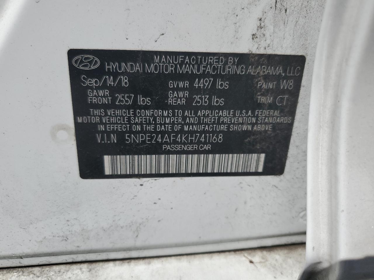 2019 Hyundai Sonata VIN 5NPE24AF4KH741168 Copart auction photo, rear end / front end damage thumbnail 13