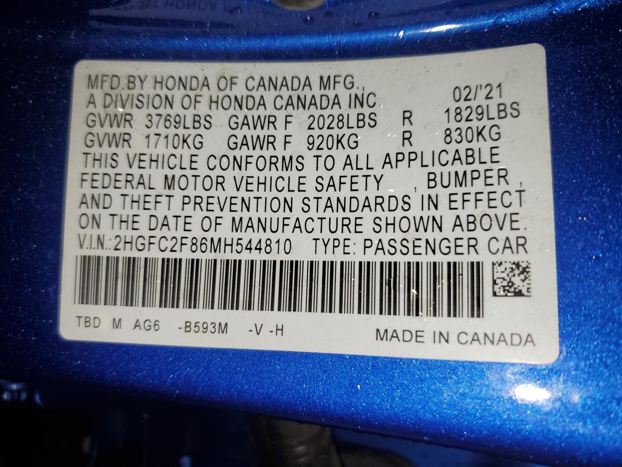 2021 Honda Civic VIN 2HGFC2F86MH544810 Copart auction photo, side / front end damage thumbnail 12