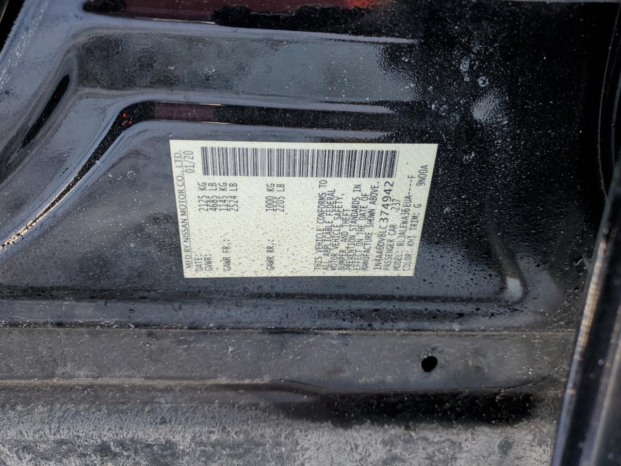2020 Nissan Maxima VIN 1N4AA6DV8LC374942 Copart auction photo, front end / side damage thumbnail 13