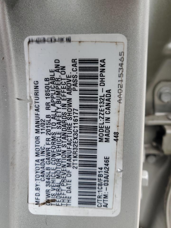 2003 Toyota Corolla VIN 2T1KR32EX3C116177 Copart auction photo, mechanical / minor dent/scratches damage thumbnail 12