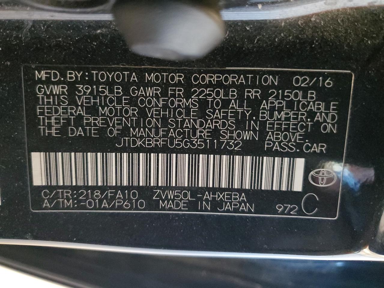 2016 Toyota Prius VIN JTDKBRFU5G3511732 Copart auction photo, front end damage thumbnail 12