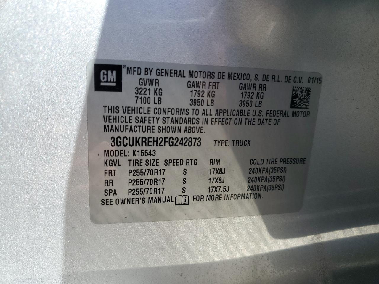 2015 Chevrolet Silverado VIN 3GCUKREH2FG242873 Copart auction photo, front end / undercarriage damage thumbnail 14