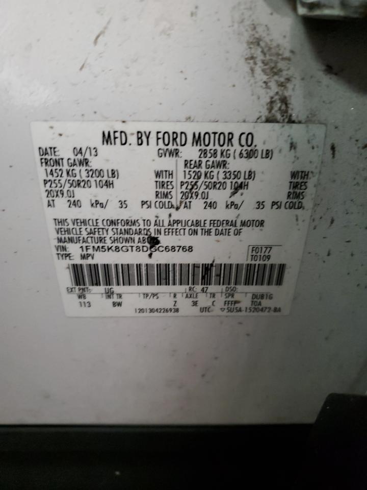 2013 Ford Explorer VIN 1FM5K8GT8DGC68768 Copart auction photo, front end / side damage thumbnail 13