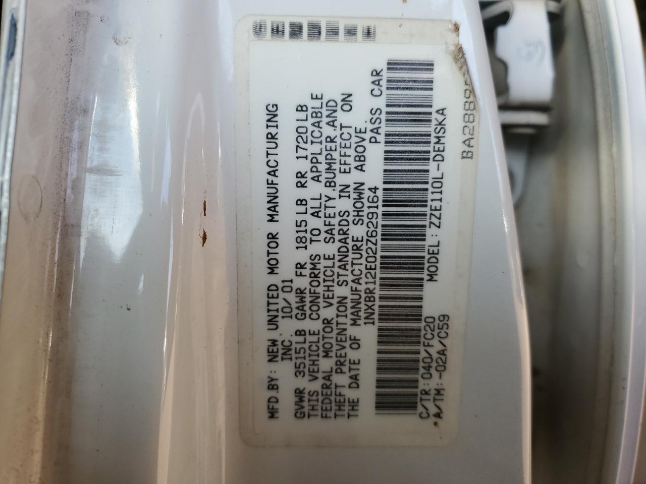 2002 Toyota Corolla VIN 1NXBR12E02Z629164 Copart auction photo, front end / side damage thumbnail 14