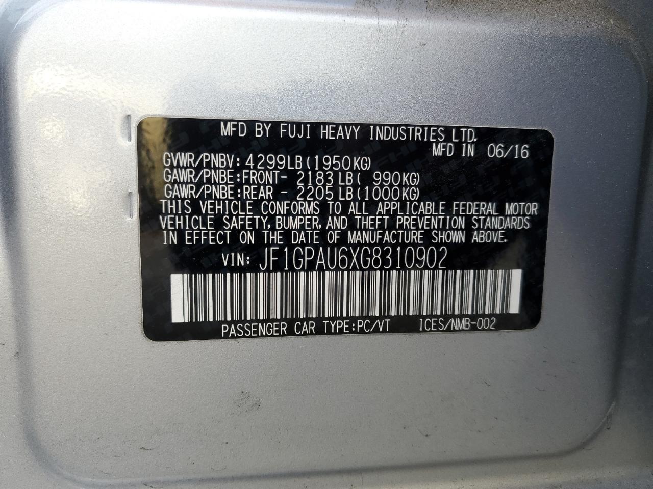 2016 Subaru Impreza VIN JF1GPAU6XG8310902 Copart auction photo, minor dent/scratches damage thumbnail 13