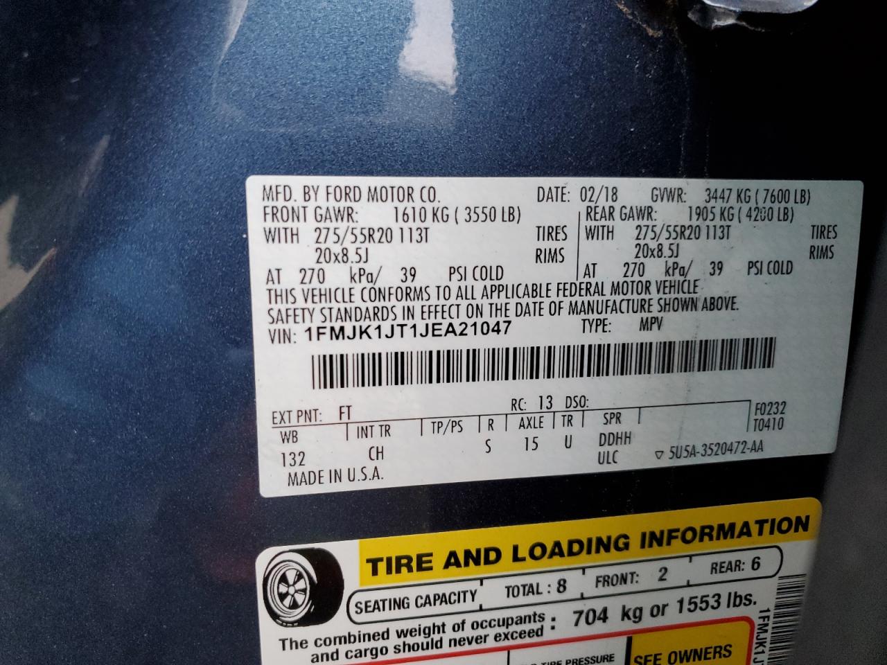 2018 Ford Expedition VIN 1FMJK1JT1JEA21047 Copart auction photo, rear end damage thumbnail 14