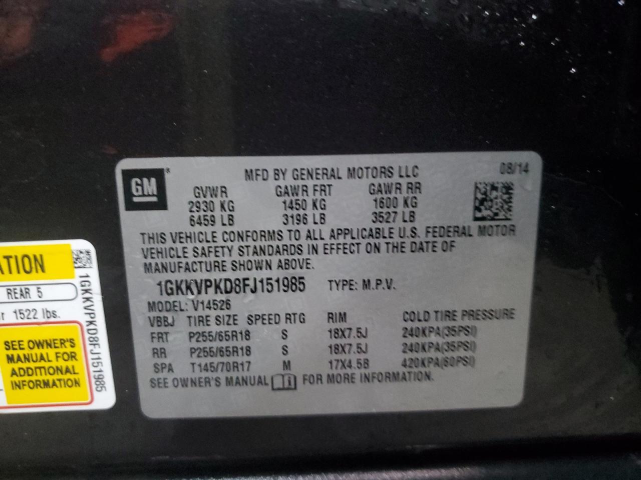 2015 GMC Acadia VIN 1GKKVPKD8FJ151985 Copart auction photo, front end / side damage thumbnail 14